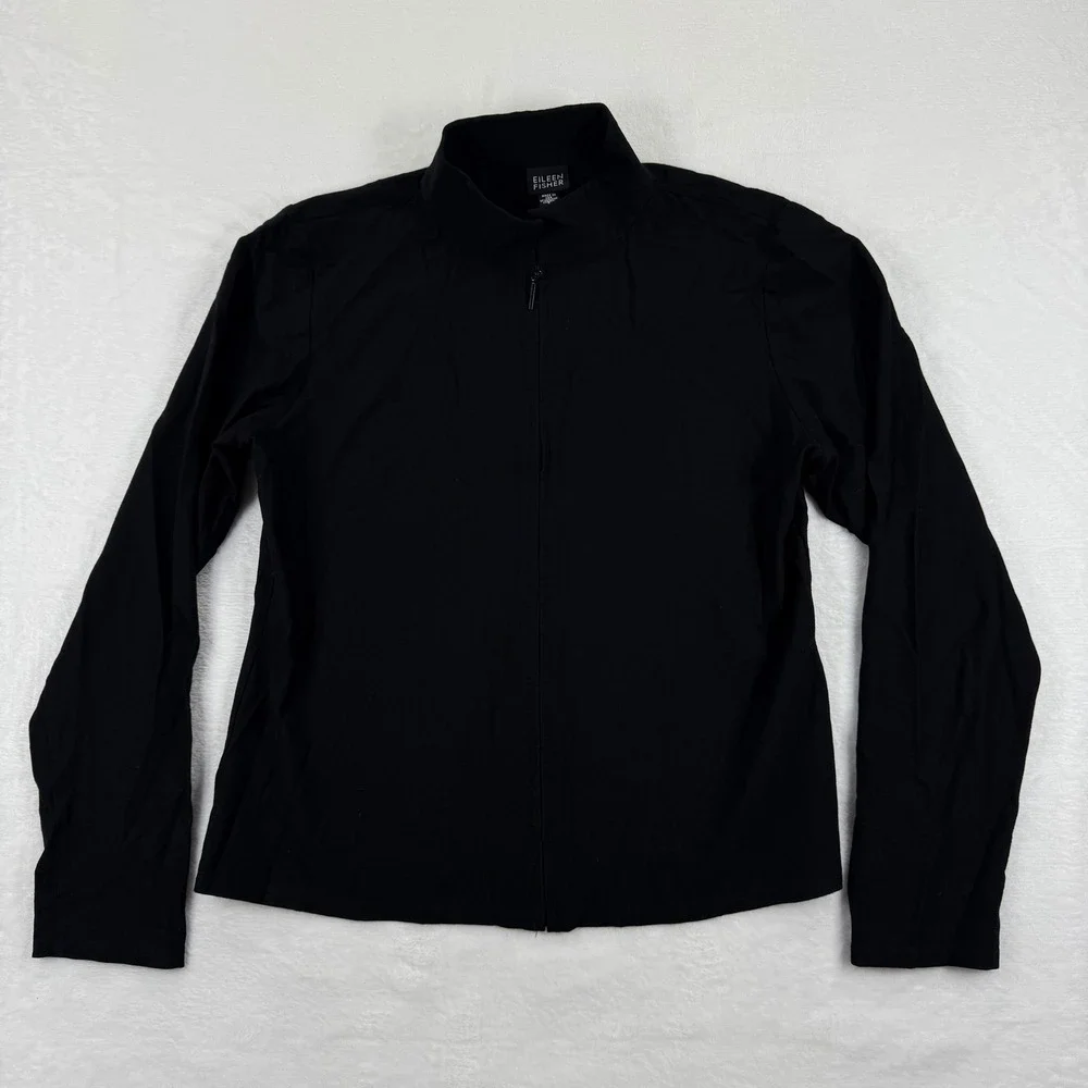 EILEEN‎ FISHER Black Full Zip Mock Neck Jacket Cardigan Top Size S Made in USA